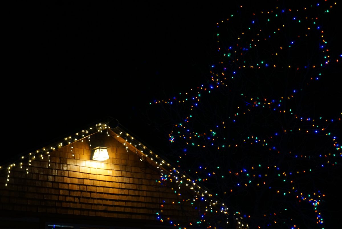 Warm white icicle lights along a shingled gable at night, beside a tree strung with multicolor LED bulbs